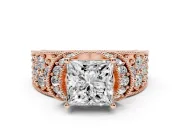 Princess Cut Vintage Milgrain Pave Engagement Ring Setting | Crescent Side Rows | Rose Gold