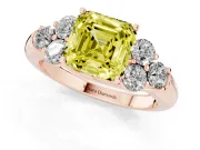 Fancy Yellow Asscher Cut Diamond Cluster Ring Set in Rose gold with Round Accent Stones and Prong Setting on a Plain Band