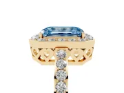 Fancy Blue Emerald Cut Diamond Halo Ring Set in Yellow gold with Pavé-Setting Band and Open Prong Center