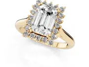 Emerald Cut Starburst Halo Engagement Ring Setting | Thin Plain Band | Yellow Gold