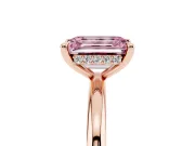 Fancy Pink Emerald Cut Diamond Solitaire Ring Set in Rose gold with Thin Band and Prong Setting