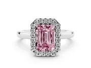 Fancy Pink Emerald Cut Diamond Halo Solitaire Ring Set in White gold with Pavé Band and Prong Setting