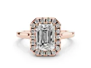 Emerald Cut Halo Round Diamond Solitaire Ring Set in Rose gold with Pavé Band and Prong Setting