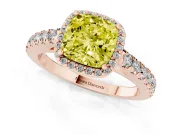 Fancy Yellow Cushion Cut Diamond Halo Engagement Ring Set in Rose gold with Pavé Band and Prong Setting