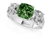 Fancy Green Cushion Cut Diamond Three-Stone Ring Set in White gold with Textured Band