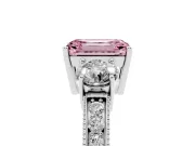 Fancy Pink Emerald Cut Diamond Three-Stone Ring Set in Platinum with Round Side Stones and Pavé Band
