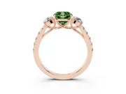 Fancy Green Cushion Cut Diamond Three-Stone Ring Set in Rose gold with Round Side Stones and Delicate Pavé Band