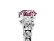 Fancy Pink Heart Cut Diamond Three-Stone Ring Set in Silver with Pavé Band