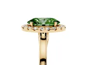 Fancy Green Oval Cut Halo Round Diamond Solitaire Ring Set in Yellow gold with Pavé Band and Prong Setting
