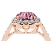 Fancy Pink Round Cut Diamond Floral Halo Ring Set in Rose gold with Pavé Band and Prong Setting