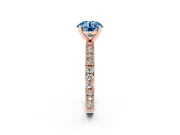 Fancy Blue Round Cut Diamond Solitaire Ring Set in Rose gold with Slim Pavé Band and Prong Setting