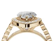 Heart-Shaped Lab-Grown Diamond Milgrain Halo Solitaire Ring Set in Yellow Gold with Bezel Set Side Stones and Pavé Band