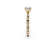 Cushion Cut Diamond Solitaire Ring Set in Yellow gold with Slim Pavé Band and Prong Setting