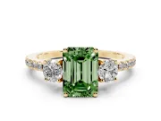 Emerald Cut Three Stone Engagement Ring Setting for a Fancy Green Lab-Grown Diamond | Pave Shoulders | Yellow Gold