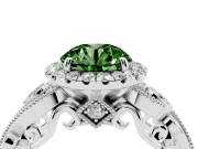 Fancy Green Round Cut Diamond Halo Ring Set in Platinum with Milgrain Pavé Band and Prong Setting
