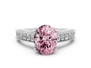 Fancy Pink Oval Cut Diamond Solitaire Ring Set in Silver with Milgrain-Edged Pavé Band and Prong Setting