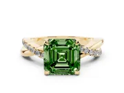 Fancy Green Asscher Cut Diamond Twist Band Solitaire Set in Yellow gold with Pavé Accents and Prong Setting