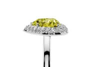 Fancy Yellow Heart Cut Diamond Halo Engagement Ring Set in White gold with Solitaire Band and Prong Setting