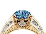 Fancy Blue Round Cut Diamond Vintage-Inspired Milgrain Ring Set in Yellow gold with Accent Split Shank