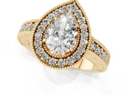Pear Cut Diamond Halo Ring Set in Yellow gold with Round Accent Halo, Pavé Band and Prong Setting