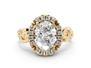 Oval Cut Diamond Halo Ring Set in Yellow gold with Scrollwork Band and Prong Setting