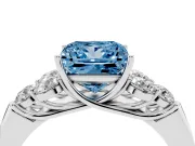 Fancy Blue Princess Cut Diamond Cluster Ring Set in Platinum with Round Accent Stones and Prong Setting on a Plain Band
