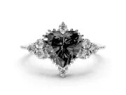 Heart-Shaped Vintage Cluster Engagement Ring Setting for a Black Center | Beaded Edges | Platinum
