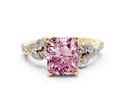 Fancy Pink Radiant Cut Diamond Solitaire Ring Set in Yellow gold with Marquise Twist Band and Prong Setting