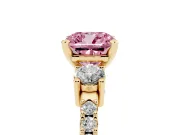 Fancy Pink Three-Stone Cushion Cut Diamond Pavé Band Ring Set in Yellow gold with Prong Setting