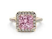 Princess Cut Halo Engagement Ring Setting for a Fancy Pink Lab-Grown Diamond | Pave Shoulders | Yellow Gold