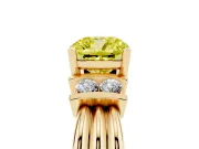 Fancy Yellow Three-Stone Cushion Cut Diamond Channel Set Ring Set in Yellow gold with Bar Prongs