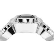 Cushion Cut Three Stone Halo Engagement Ring Setting for a Black Center | Bezel Set | Platinum