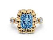Fancy Blue Radiant Cut Diamond Floral Halo Ring Set in Yellow gold with Shared Prong Band