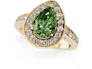Fancy Green Pear Cut Diamond Halo Pavé Engagement Ring Set in Yellow gold with Bezel Setting