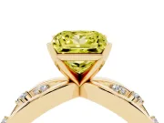 Fancy Yellow Princess Cut Diamond Solitaire Ring Set in Yellow gold with Side Stones on Criss-Cross Band and Prong Setting