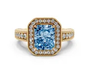 Radiant Cut Milgrain Halo Engagement Ring Setting for a Fancy Blue Lab-Grown Diamond | Carved Leaf Detail | Yellow Gold