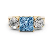Princess Cut Three Stone Engagement Ring Setting for a Fancy Blue Lab-Grown Diamond | Wide Plain Band | Yellow Gold