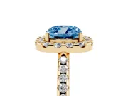 Cushion Cut Pave Halo Engagement Ring Setting for a Fancy Blue Lab-Grown Diamond | Pave Band | Yellow Gold