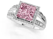Princess Cut Halo Engagement Ring Setting for a Fancy Pink Lab-Grown Diamond | Two-Row Pave Split Shank | White Gold