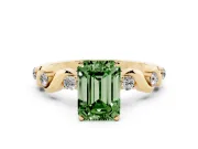 Fancy Green Emerald Cut Diamond Solitaire Ring Set in Yellow gold with Ribbon Twist Band, Round Accents and Prong Setting