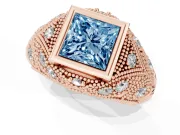 Fancy Blue Princess Cut Diamond Bezel Ring Set in Rose gold with Milgrain Accent Band