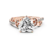 Heart Cut Diamond Solitaire Leaf-Inspired Ring Set in Rose gold with Pavé Band and Prong Setting
