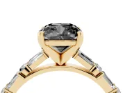 Fancy Black Cushion Cut Diamond Solitaire Set in Yellow gold with Side Baguettes and Channel Set Band
