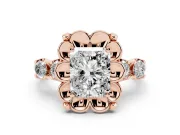 Radiant Cut Diamond Floral Halo Ring Set in Rose gold with Shared Prong Band