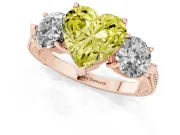 Fancy Yellow Heart Cut Diamond Three-Stone Ring Set in Rose gold with Milgrain Band