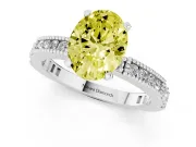 Fancy Yellow Oval Cut Diamond Solitaire Ring Set in Platinum with Slim Pavé Band and Prong Setting