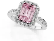 Fancy Pink Emerald Cut Diamond Halo Ring Set in Silver with Pavé-Setting Band and Open Prong Center