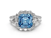 Fancy Blue Asscher Cut Diamond Halo Split Shank Engagement Ring Set in Platinum with Prong-Held Center Stone