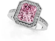 Fancy Pink Radiant Cut Diamond Halo Engagement Ring Set in White gold with Pavé Band and Round Halo Stones