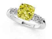 Fancy Yellow Cushion Cut Diamond Five-Stone Prong Set Engagement Ring Set in White gold with Channel Band